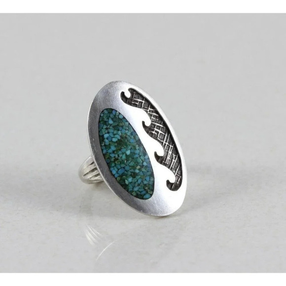 Sterling Silver Crushed Turquoise Ring Vintage Size 6 - Picture 4 of 7